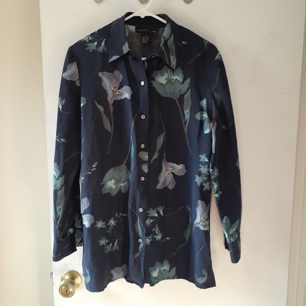 August Silk shirt women's L Linen Silk Navy Blue Floral Tunic Top Button Down